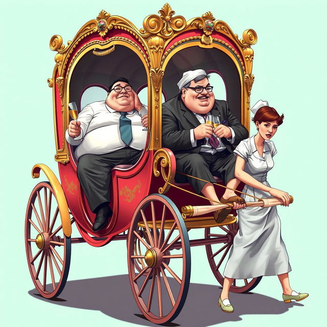 A whimsical scene depicting two overweight hospital managers sitting comfortably in an ornate horse carriage, laughing and enjoying glasses of champagne