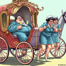 A whimsical scene depicting two overweight hospital managers sitting comfortably in an ornate horse carriage, laughing and enjoying glasses of champagne