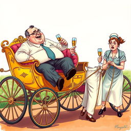A whimsical scene depicting two overweight hospital managers sitting comfortably in an ornate horse carriage, laughing and enjoying glasses of champagne