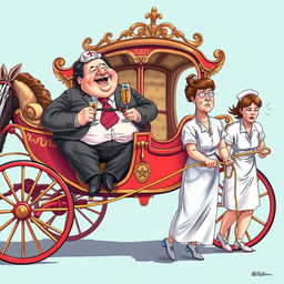 A whimsical scene depicting two overweight hospital managers sitting comfortably in an ornate horse carriage, laughing and enjoying glasses of champagne