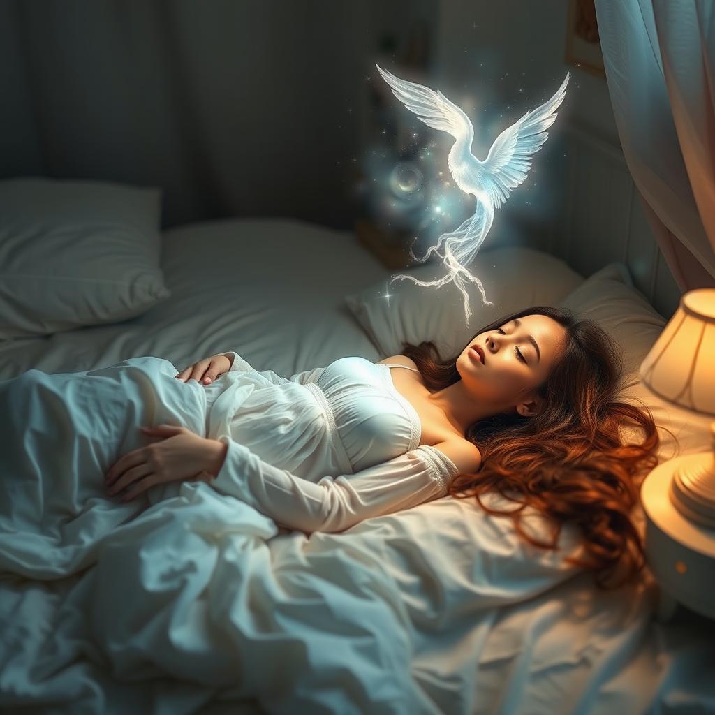 A girl lying on a bed with her spirit visibly rising from her body