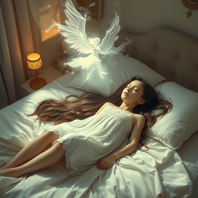 A girl lying on a bed with her spirit visibly rising from her body