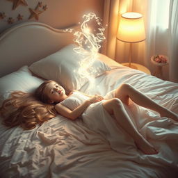 A girl lying on a bed with her spirit visibly rising from her body