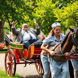 A whimsical scene featuring two overweight male and female hospital managers joyfully sitting in a luxurious horse carriage, raising glasses of champagne in celebration