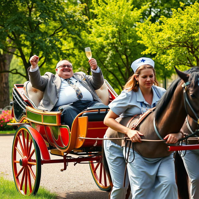 A whimsical scene featuring two overweight male and female hospital managers joyfully sitting in a luxurious horse carriage, raising glasses of champagne in celebration