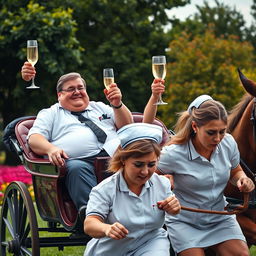 A whimsical scene featuring two overweight male and female hospital managers joyfully sitting in a luxurious horse carriage, raising glasses of champagne in celebration
