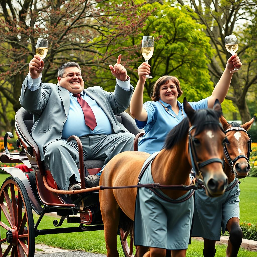 A whimsical scene featuring two overweight male and female hospital managers joyfully sitting in a luxurious horse carriage, raising glasses of champagne in celebration