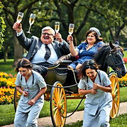 A whimsical scene featuring two overweight male and female hospital managers joyfully sitting in a luxurious horse carriage, raising glasses of champagne in celebration