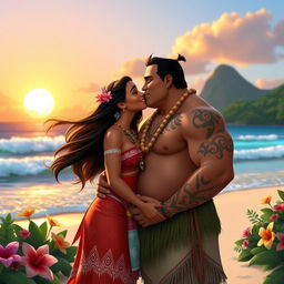 Moana and Maui sharing a sweet kiss on the beautiful beach of Tahiti, surrounded by lush greenery and vibrant flowers