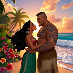 Moana and Maui sharing a sweet kiss on the beautiful beach of Tahiti, surrounded by lush greenery and vibrant flowers