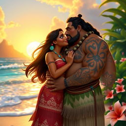 Moana and Maui sharing a sweet kiss on the beautiful beach of Tahiti, surrounded by lush greenery and vibrant flowers