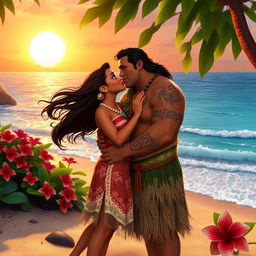 Moana and Maui sharing a sweet kiss on the beautiful beach of Tahiti, surrounded by lush greenery and vibrant flowers