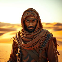 A desert warrior standing confidently, gazing directly into the camera with intensity and determination