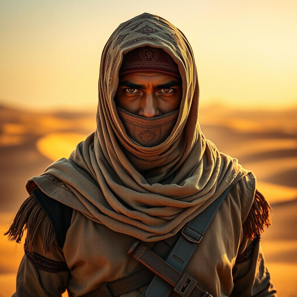 A desert warrior standing confidently, gazing directly into the camera with intensity and determination