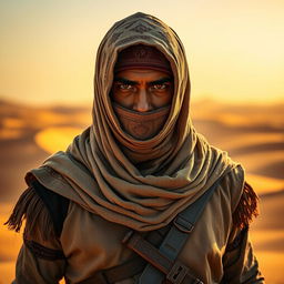 A desert warrior standing confidently, gazing directly into the camera with intensity and determination