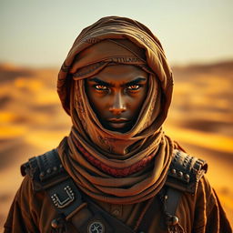 A desert warrior standing confidently, gazing directly into the camera with intensity and determination