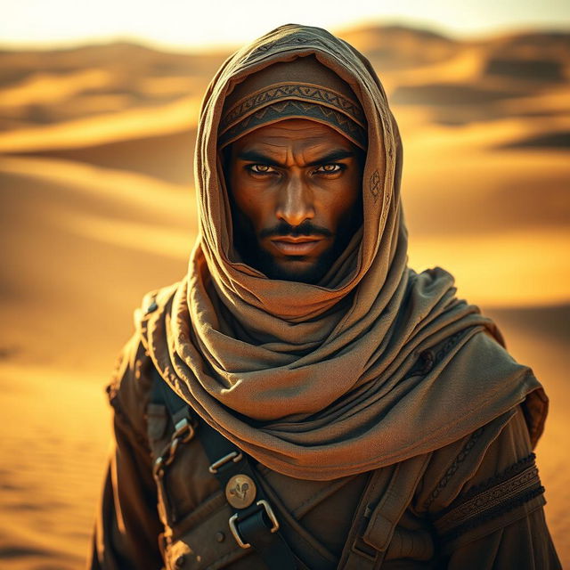 A desert warrior standing confidently, gazing directly into the camera with intensity and determination