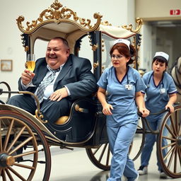 A humorous scene depicting two overweight male and female hospital managers, sitting comfortably in an ornate horse-drawn carriage, sipping champagne and smiling with carefree expressions