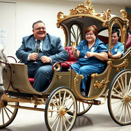 A humorous scene depicting two overweight male and female hospital managers, sitting comfortably in an ornate horse-drawn carriage, sipping champagne and smiling with carefree expressions