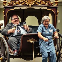 A humorous scene depicting two overweight male and female hospital managers, sitting comfortably in an ornate horse-drawn carriage, sipping champagne and smiling with carefree expressions