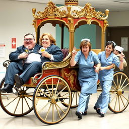 A humorous scene depicting two overweight male and female hospital managers, sitting comfortably in an ornate horse-drawn carriage, sipping champagne and smiling with carefree expressions