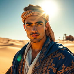 A handsome desert prince looking directly into the camera with a confident expression