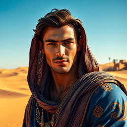 A handsome desert prince looking directly into the camera with a confident expression