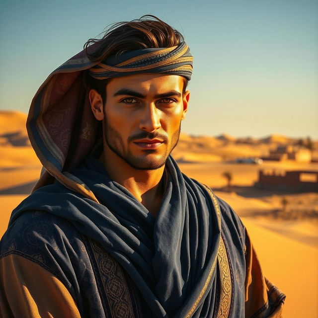 A handsome desert prince looking directly into the camera with a confident expression