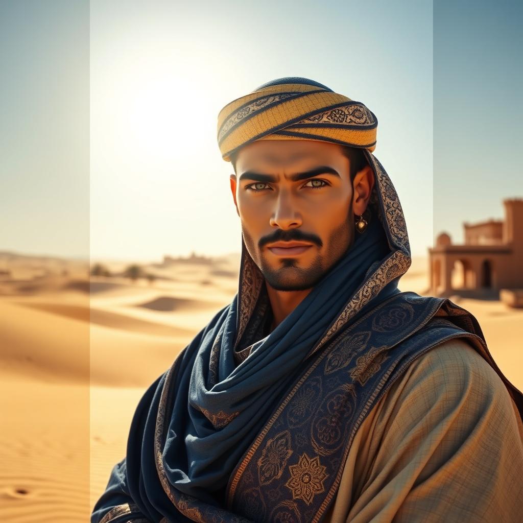 A handsome desert prince looking directly into the camera with a confident expression