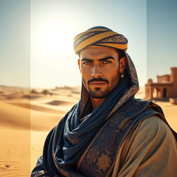 A handsome desert prince looking directly into the camera with a confident expression