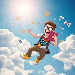 A whimsical scene depicting a cheerful, bespectacled geek floating in a bright blue sky filled with fluffy white clouds