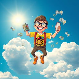 A whimsical scene depicting a cheerful, bespectacled geek floating in a bright blue sky filled with fluffy white clouds