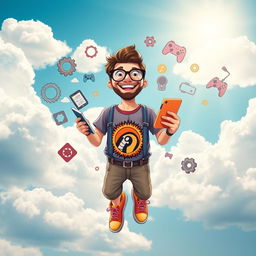 A whimsical scene depicting a cheerful, bespectacled geek floating in a bright blue sky filled with fluffy white clouds