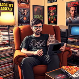 A cozy scene featuring a geeky person sitting in a comfortable armchair, surrounded by stacks of comic books and video game consoles