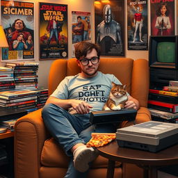 A cozy scene featuring a geeky person sitting in a comfortable armchair, surrounded by stacks of comic books and video game consoles