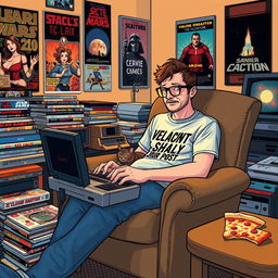 A cozy scene featuring a geeky person sitting in a comfortable armchair, surrounded by stacks of comic books and video game consoles