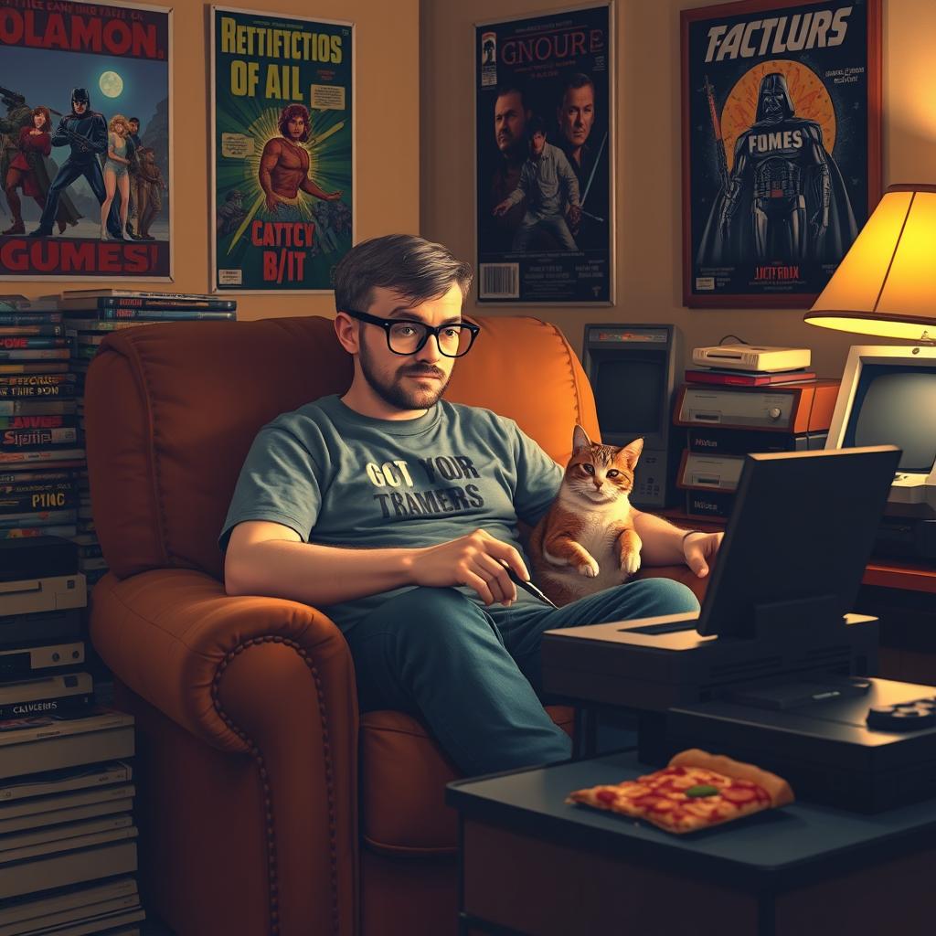 A cozy scene featuring a geeky person sitting in a comfortable armchair, surrounded by stacks of comic books and video game consoles