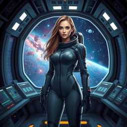 A beautiful young woman with a slim physique and long flowing hair, dressed in a sleek, futuristic cosmonaut suit, stands confidently inside a space shuttle