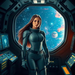 A beautiful young woman with a slim physique and long flowing hair, dressed in a sleek, futuristic cosmonaut suit, stands confidently inside a space shuttle