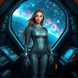 A beautiful young woman with a slim physique and long flowing hair, dressed in a sleek, futuristic cosmonaut suit, stands confidently inside a space shuttle