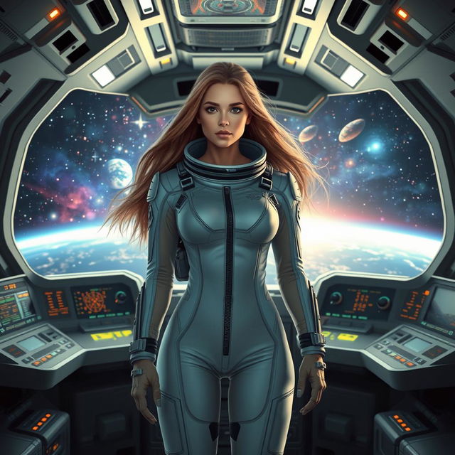 A beautiful young woman with a slim physique and long flowing hair, dressed in a sleek, futuristic cosmonaut suit, stands confidently inside a space shuttle