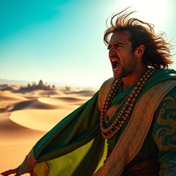 A powerful desert prince dramatically shouting, glancing slightly to the left