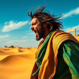 A powerful desert prince dramatically shouting, glancing slightly to the left