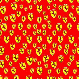 A vibrant red background filled with a pattern of numerous Ferrari logos in a 2D style