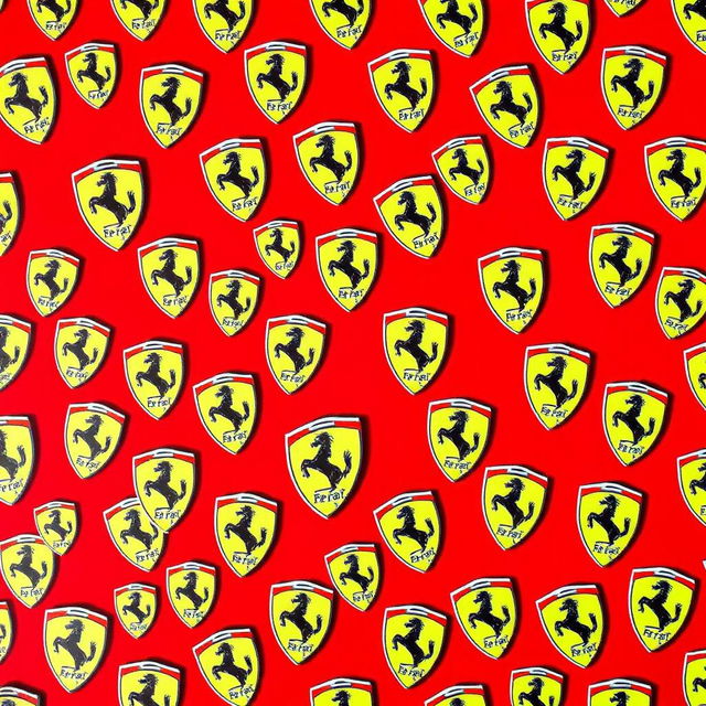 A vibrant red background filled with a pattern of numerous Ferrari logos in a 2D style