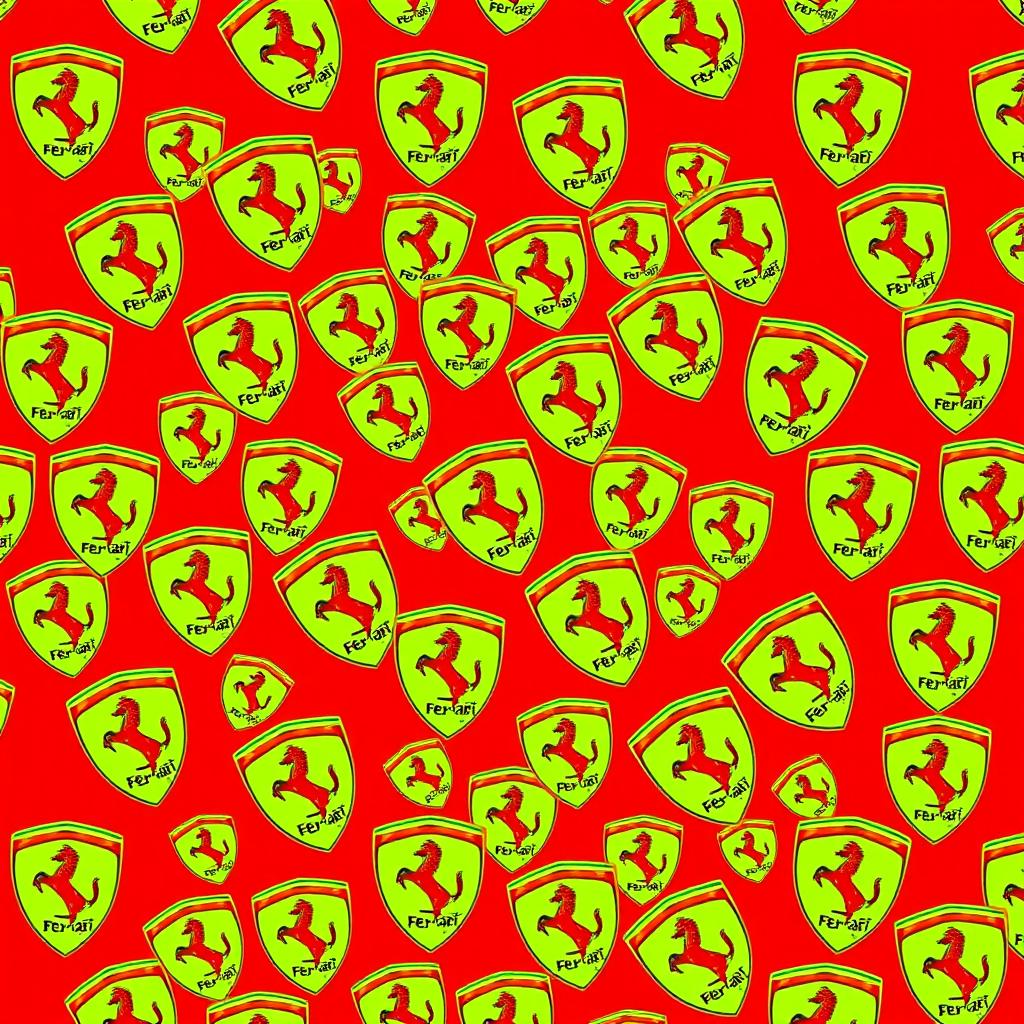 A vibrant red background filled with a pattern of numerous Ferrari logos in a 2D style