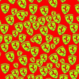 A vibrant red background filled with a pattern of numerous Ferrari logos in a 2D style