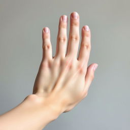 A close-up of a human hand with perfectly smooth skin, showcasing delicate fingers and a natural, elegant pose