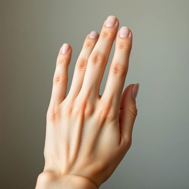 A close-up of a human hand with perfectly smooth skin, showcasing delicate fingers and a natural, elegant pose