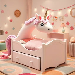 A whimsical newborn bed designed in the shape of a unicorn, featuring soft pastel colors with a fluffy mane and tail